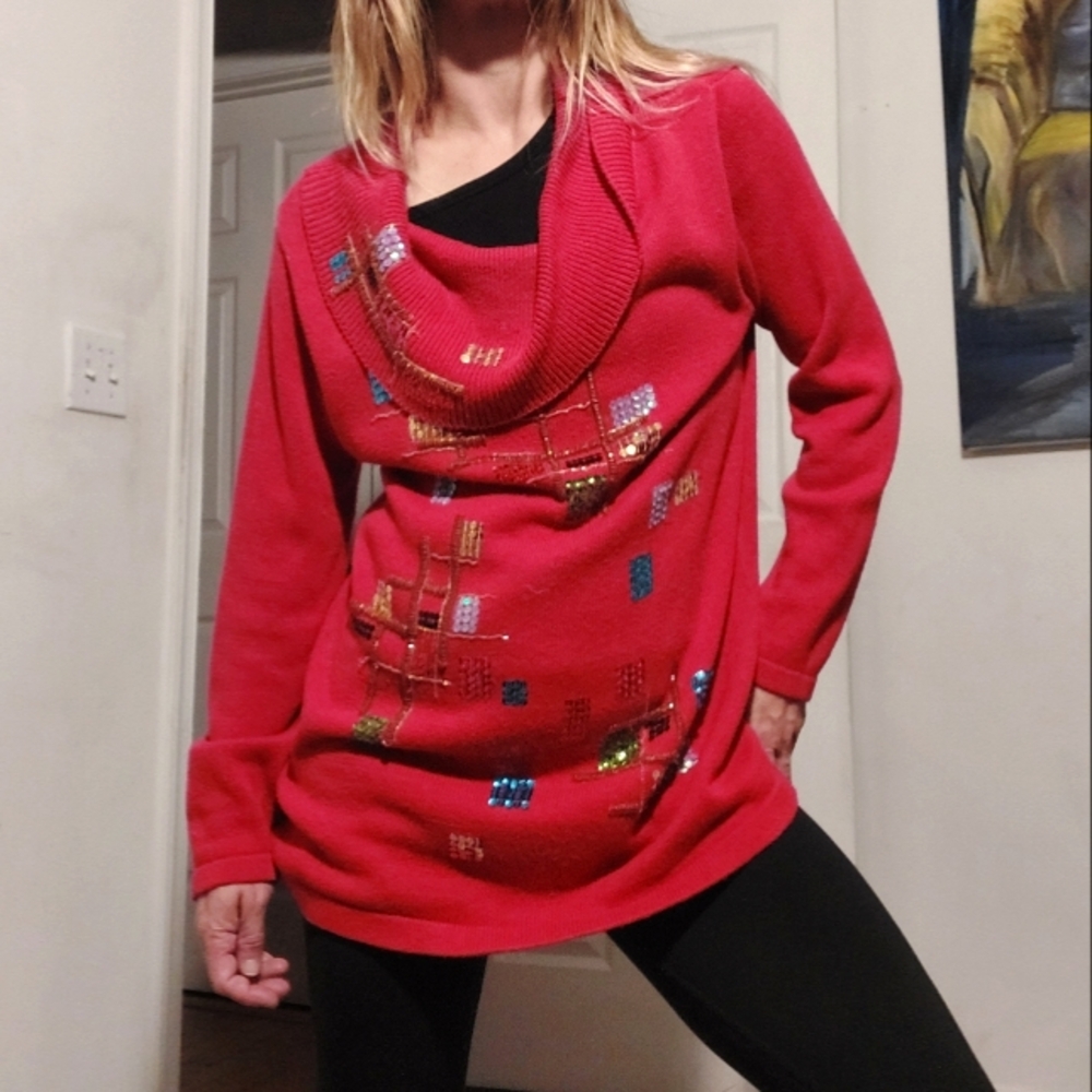 Vintage 90's cowl neck sweater ~ sweater dress w/ sequined atomic accents